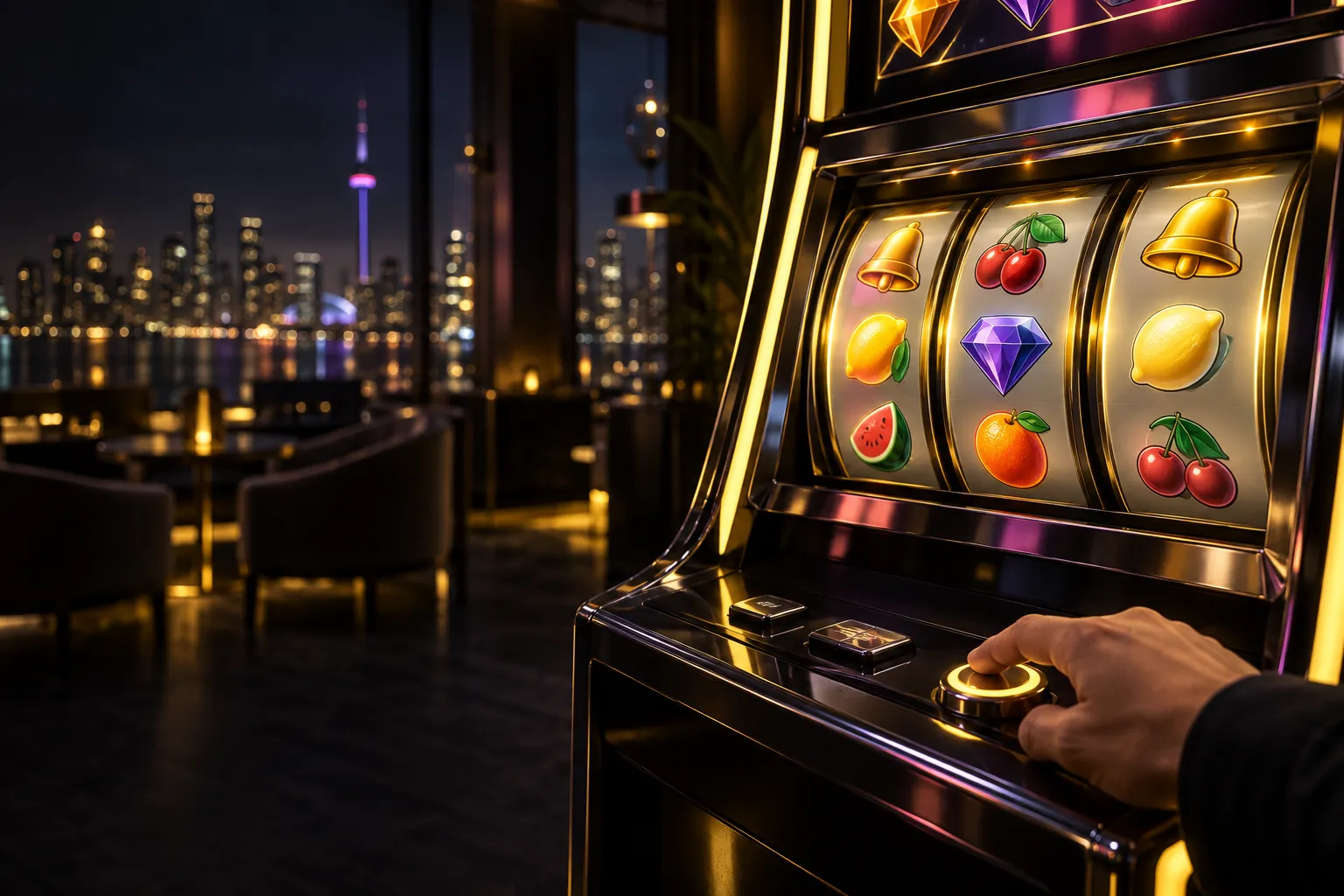 Premium slot machine with glowing reels in a Canadian casino lounge